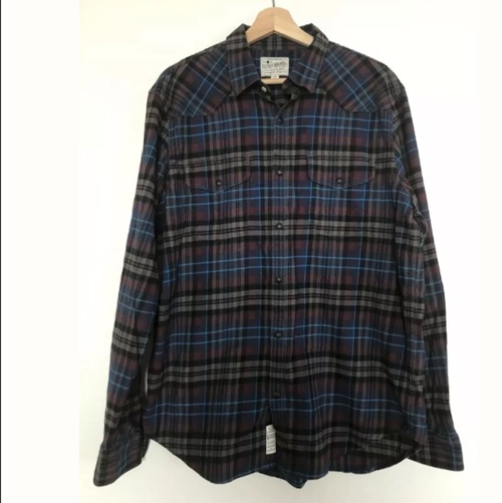 Lucky Brand Plaid Western Snap Button Shirt Sz L